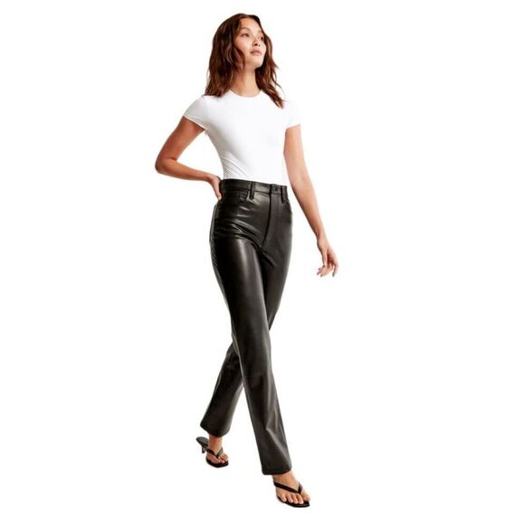 New! Abercrombie & Fitch Black Ankle Straight Ultra High Rise Vegan Leather Pant - Picture 2 of 8